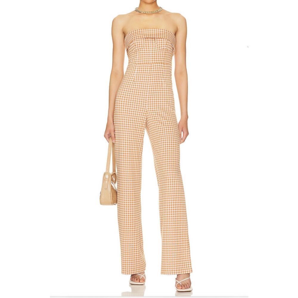 NWT Lovers & Friends Checked Off Strapless Wide Leg Jumpsuit Size XS
